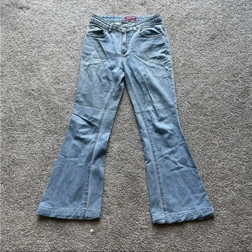 DJ&C Flare Leg Jeans Womens Size 28 Light Wash Blue Mid Rise Bell Bottom Y2K